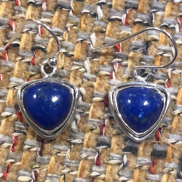 VINTAGE Sterling Silver Lapis Lazuli Cabochon Drop Dangle Earrings - Picture 4 of 7